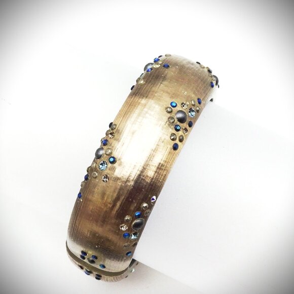ALEXIS BITTAR EUC Brown Lucite & Multi Color Crystals Hinged Bangle Bracelet - Picture 3 of 7